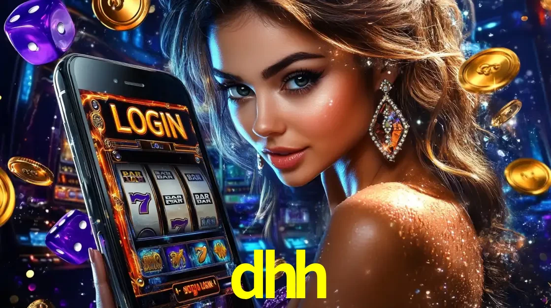 Mulher glamorosa segurando um smartphone com a tela de login para os jogos de caça-níqueis do cassino online dhh, com moedas de ouro e dados ao redor.